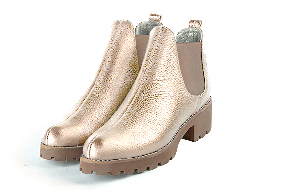 Tan beige women's ankle boots, with elastics. Round toe. Low rubber soles. Front view - Florence KOOIJMAN